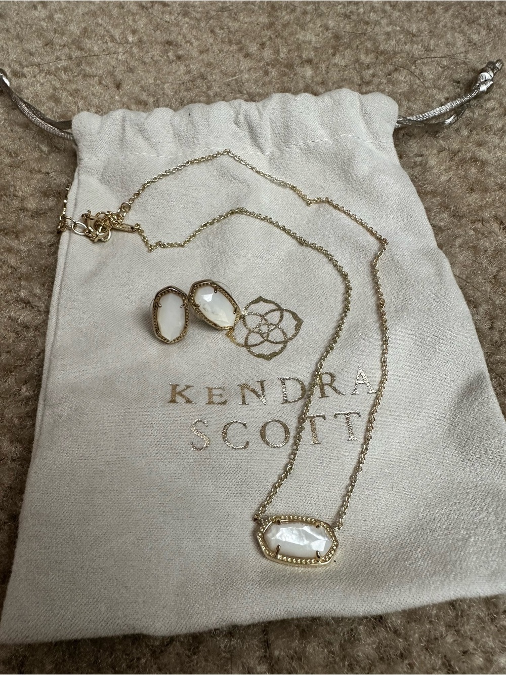 Kendra Scott Gold and White Opal Elyse Pendant Necklace and Stud Set